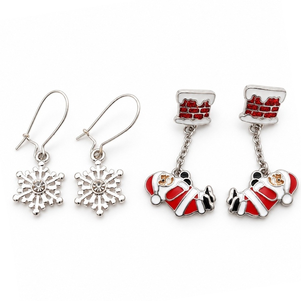 Christmas Earring Set Santa Dangle & Snowflake Drop Silver Tone Holiday Jewelry